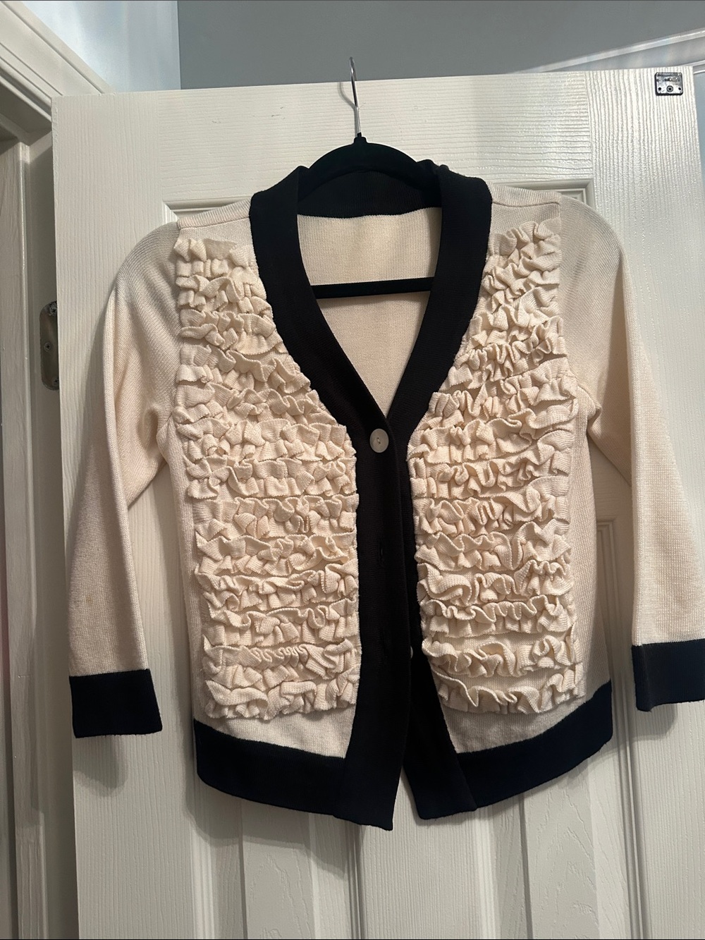 Cream Ruffle Front Cardigan  with Black Trim S